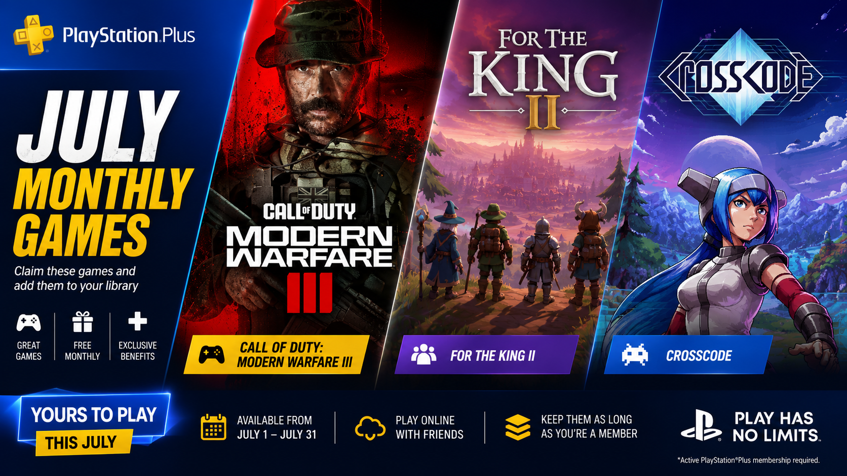 PlayStation Plus Monthly Games for July 2026: Call of Duty: Modern Warfare III, For the King II & CrossCode Headline the Lineup