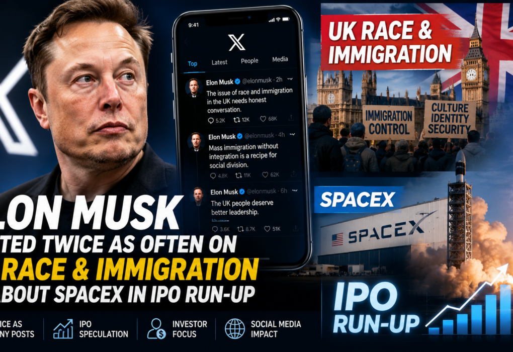 Elon Musk posted twice as often on UK race and immigration as about SpaceX in IPO run-up