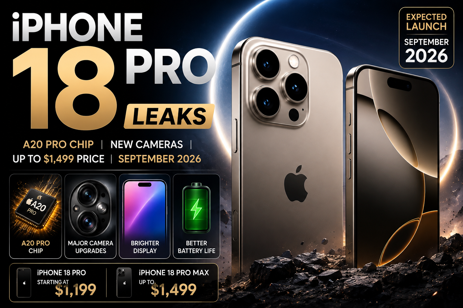 Apple iPhone 18 Pro and iPhone 18 Pro Max concept showing premium design, A20 Pro chip and advanced camera upgrades