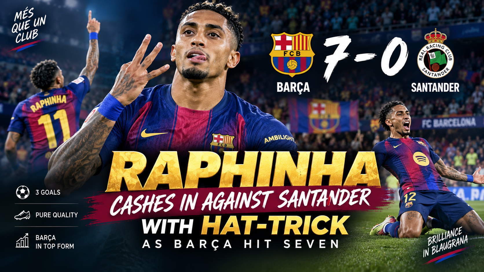 Raphinha Hat-Trick as Barça Beat Santander 7-0: Goals, Highlights and Analysis
